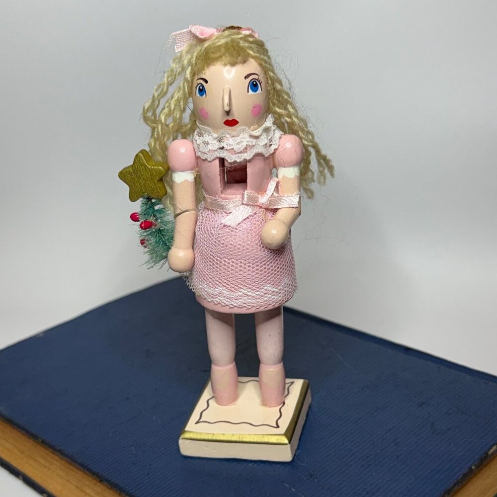 Pink Ballerina Nutcracker Holding Christmas Tree Wood Ornament 5-1/2"
